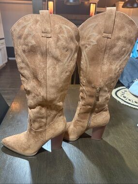 Suede Knee-High Western Boots in Tan